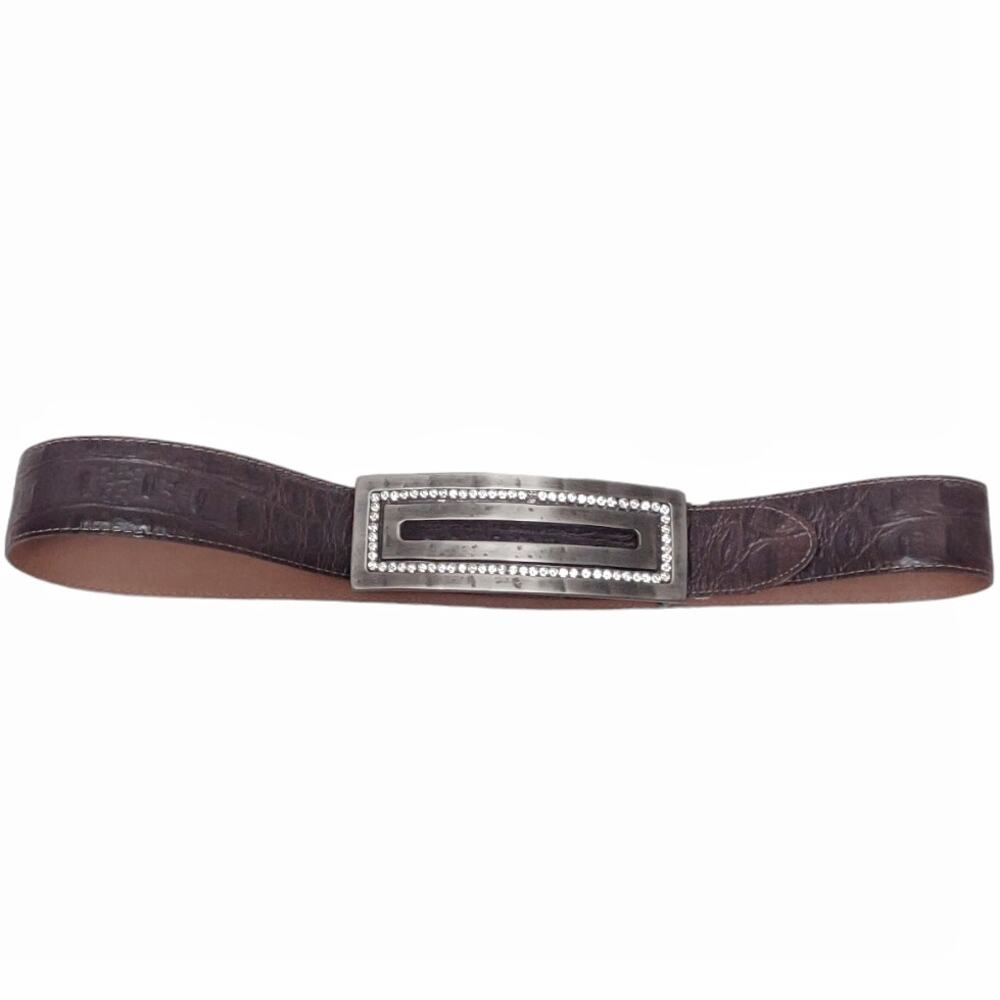 Brown Leather Textured Belt Approx Size M Rhinestone Buckle Accessories